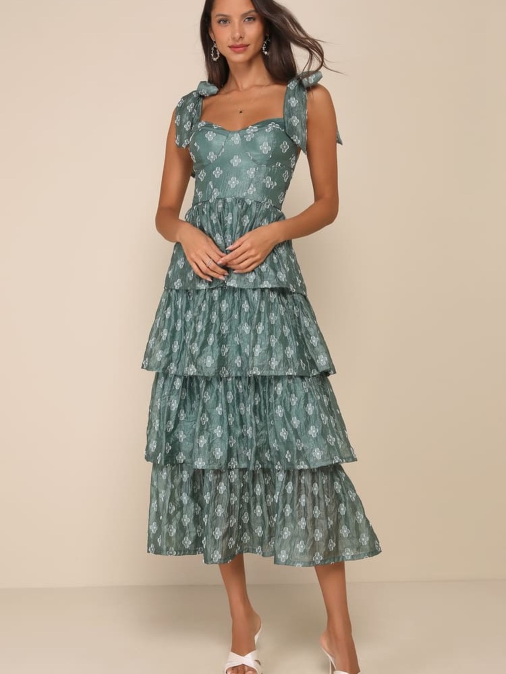 Gorgeous Excellence Teal Green Floral Burnout Tiered Midi Dress - Picture 3 of 3